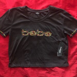 Bebe Black Short Sleeve Cropped Tee with Gold Logo